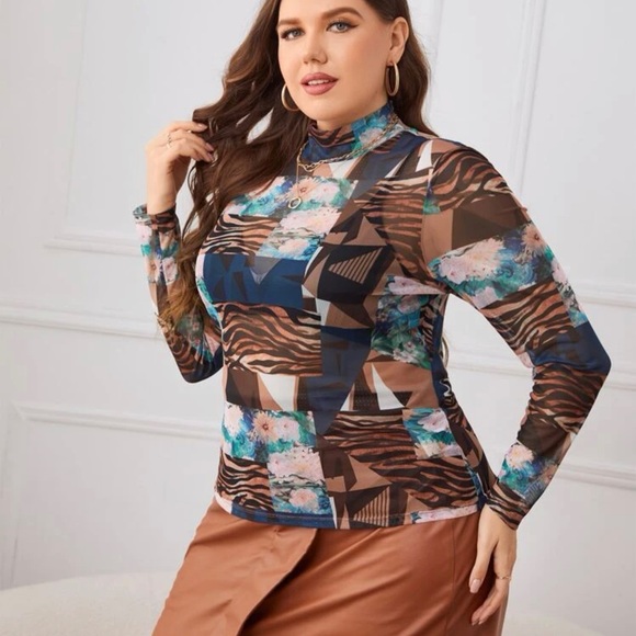 Tiger & Floral print mock neck top - Picture 1 of 4